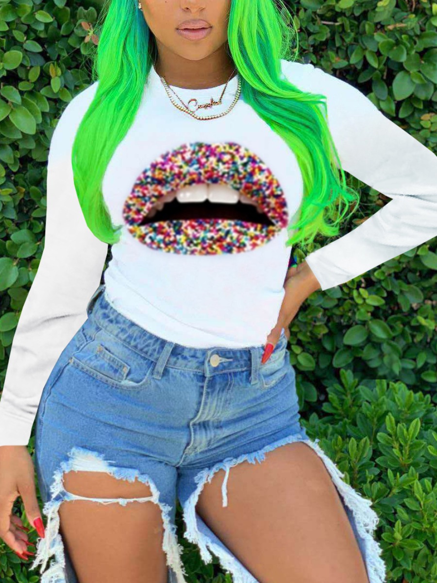 

lovely Casual O Neck Lip Print White T-shirt