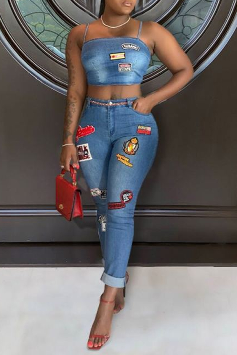 

lovely Trendy Spaghetti Strap Cartoon Blue Denim Two-piece Pants Set