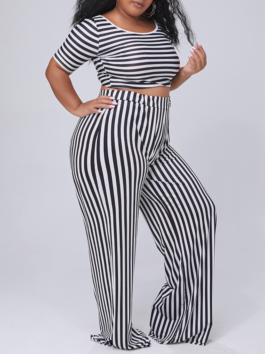 lovely Leisure O Neck Striped Black Plus Size Two-piece Pants Set