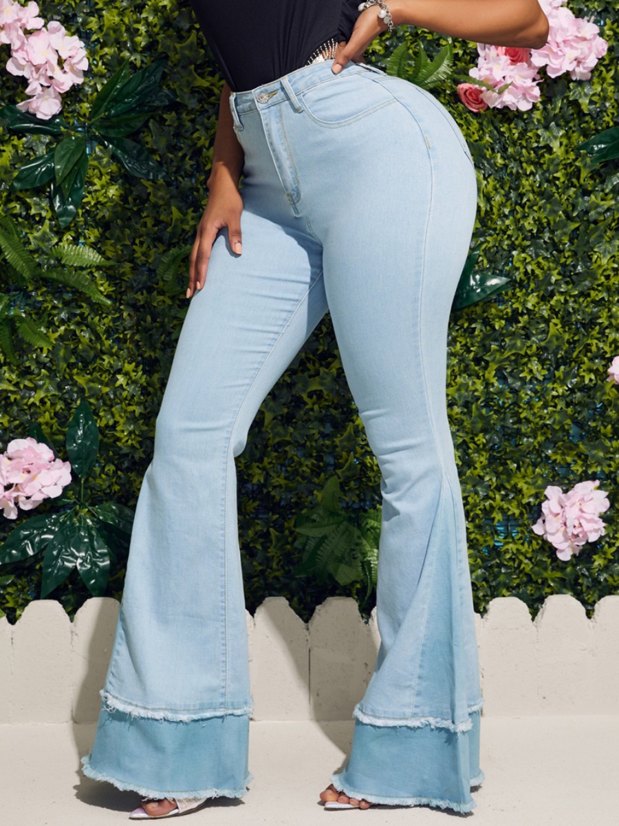

lovely Street Patchwork Flared Baby Blue Jeans