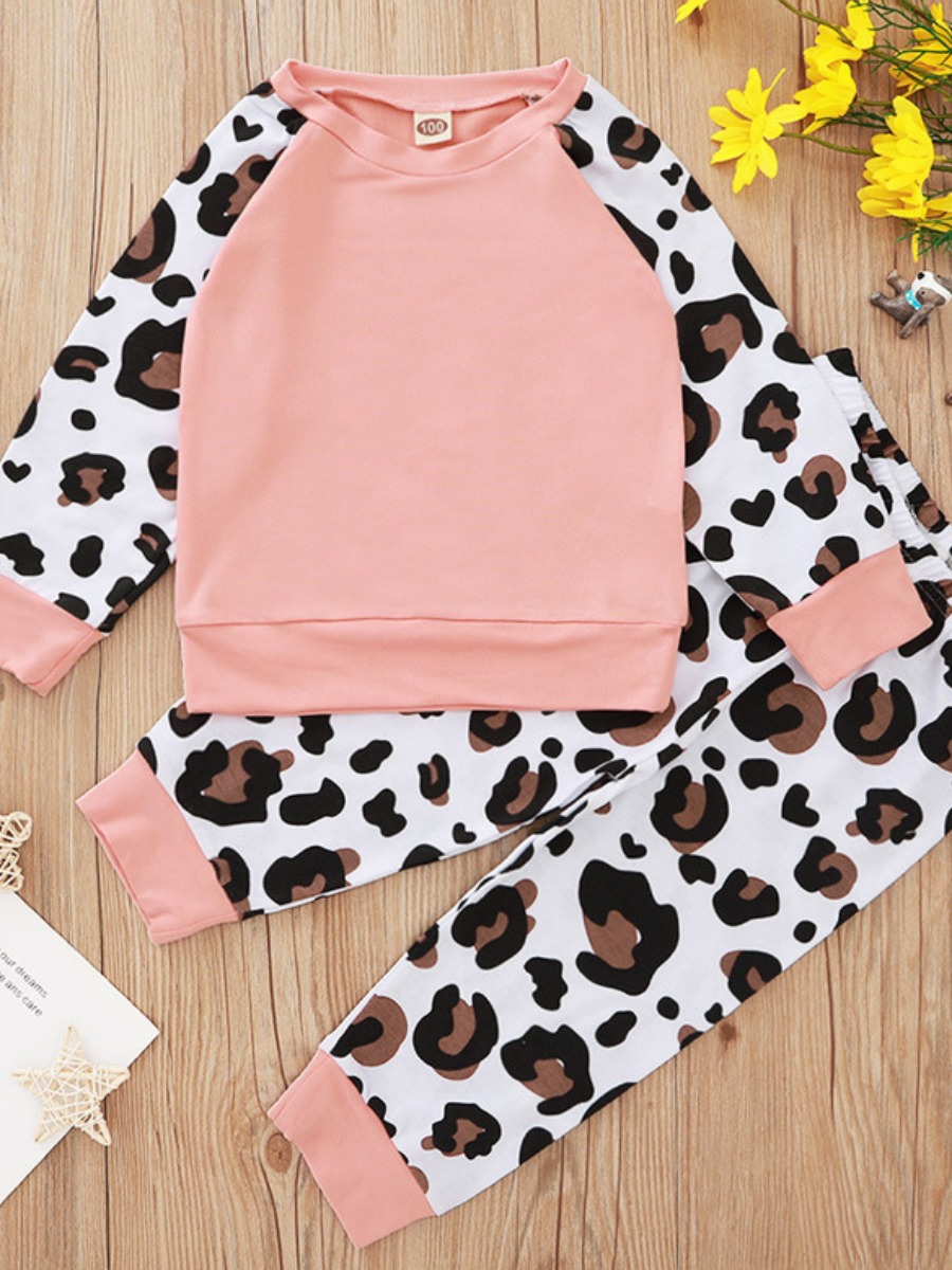 

lovely Casual O Neck Print Patchwork Pink Girl Two-piece Pants Set