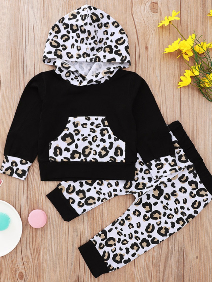 

lovely Sportswear Hooded Collar Print Patchwork Black Girl Two-piece Pants Set