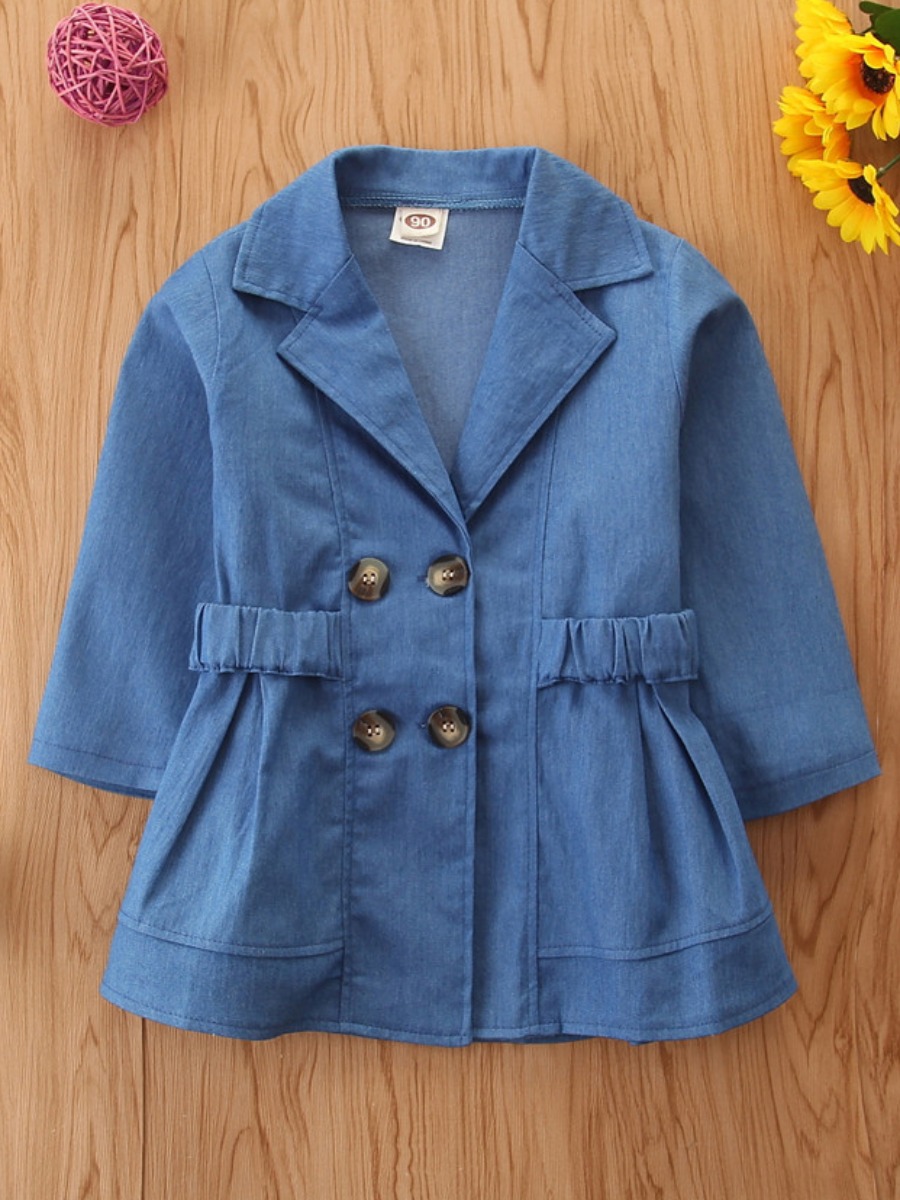 

lovely Trendy Turndown Collar Buttons Design Blue Girl Trench Coat