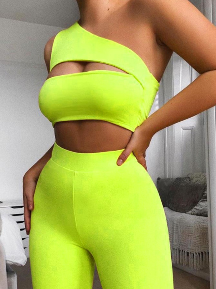 

lovely Sportswear One Shoulder Hollow-out Green Two-piece Pants Set