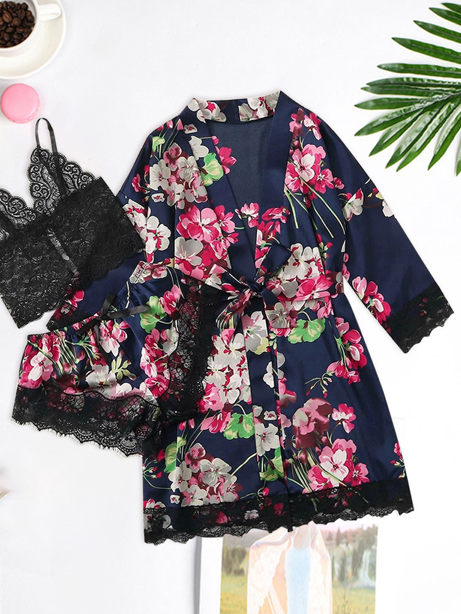

lovely Sexy Print Patchwork Blue Two-pieces Sleepwear