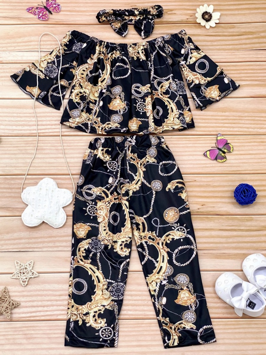 

lovely Leisure Versace Print Black Girl Two-piece Pants Set