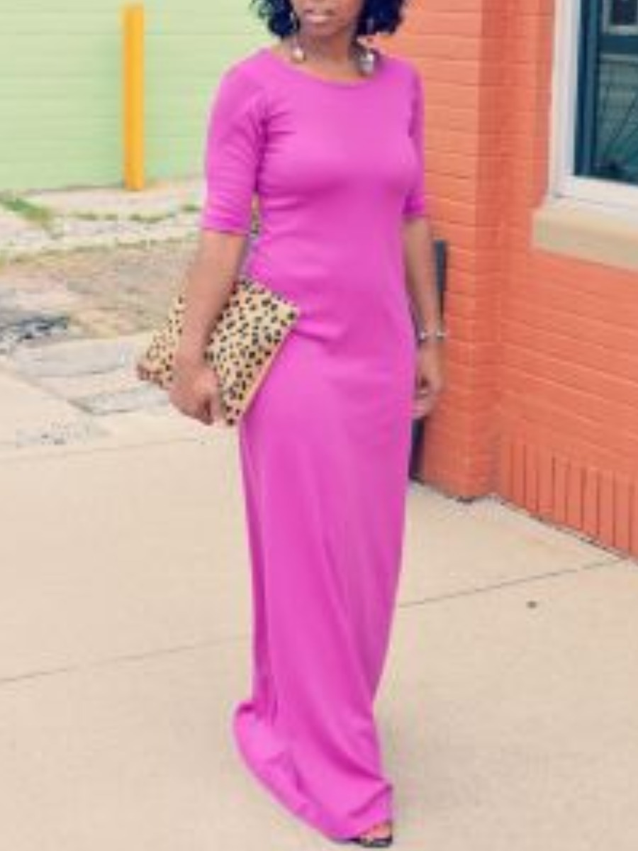 

lovely Casual O Neck Basic Rose Red Maxi Dress