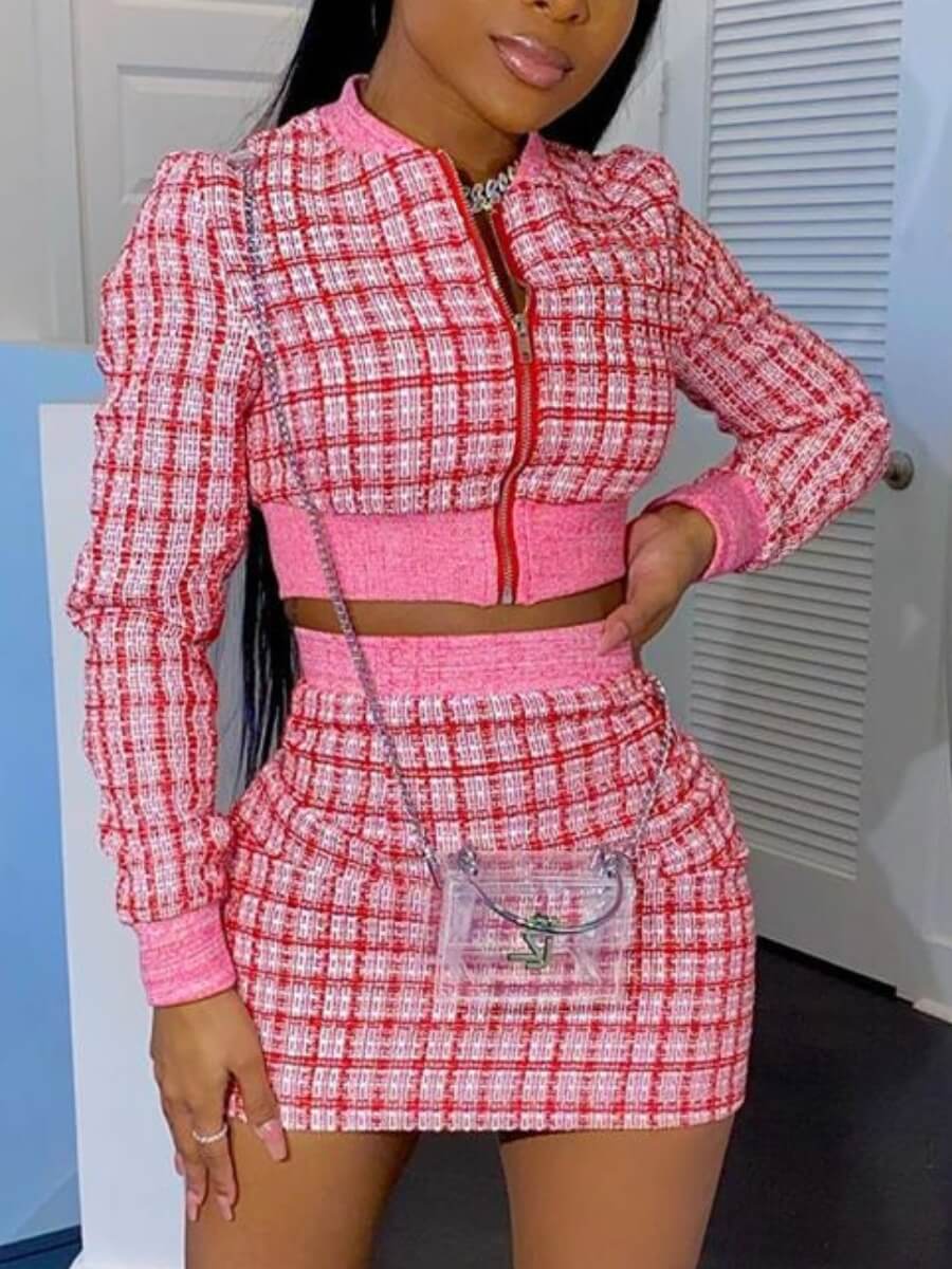 LW Trendy Grid Print Zipper Design Red Two Piece Skirt Set