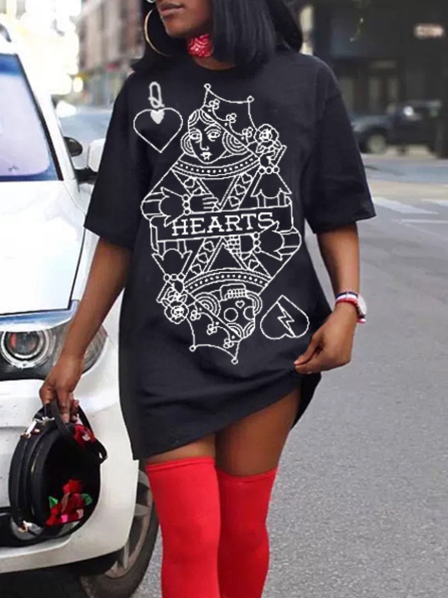 

lovely Casual O Neck Print Black Mini T-shirt Dress