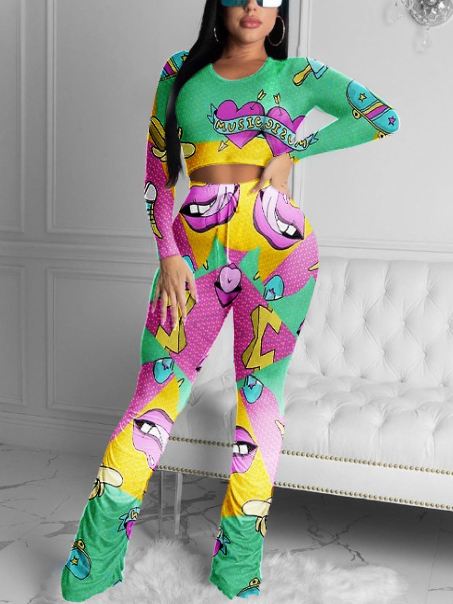 

lovely Street O Neck Lip Print Fold Design Green Two Piece Pants Set