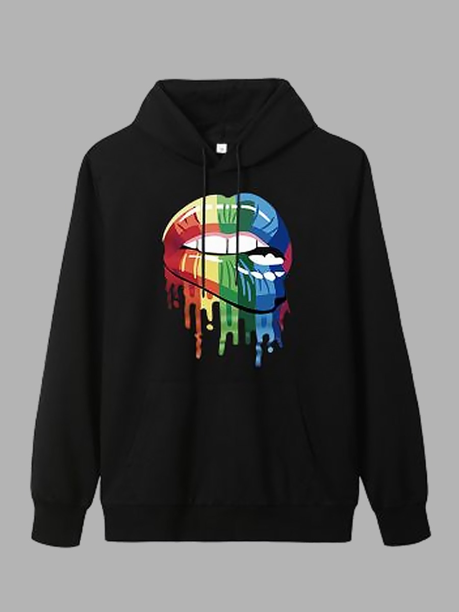 

Lovely Street O Neck Lip Print Black Hoodie