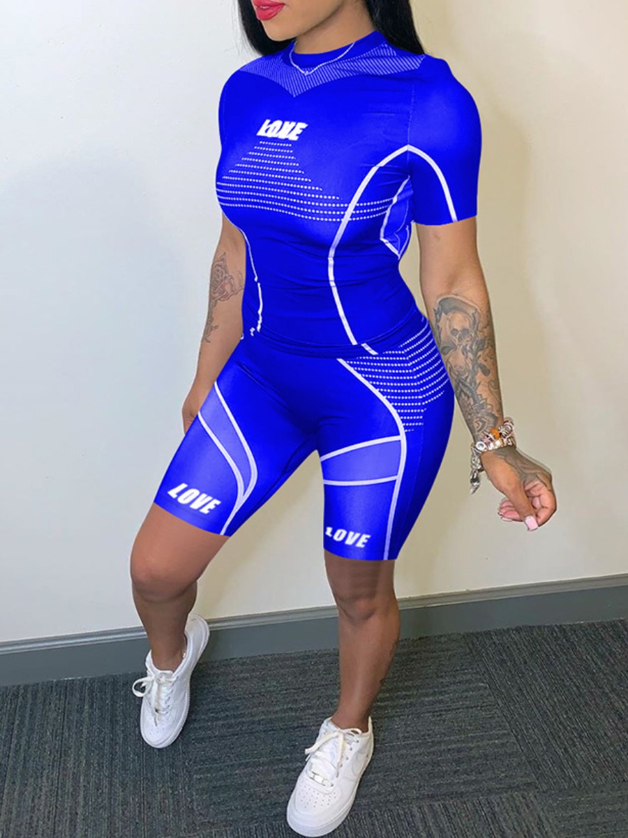 

lovely Sportswear Print Royalblue Two Piece Shorts Set