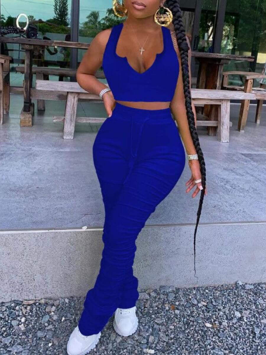 

LW Sexy Fold Design Skinny Blue Two Piece Pants Set