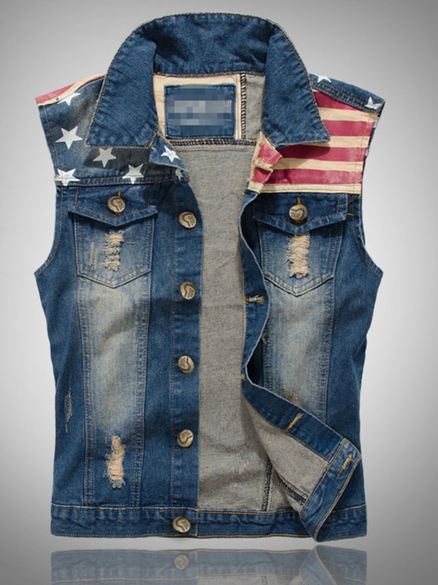 

lovely Trendy Turndown Collar Print Blue Men Denim Waistcoat