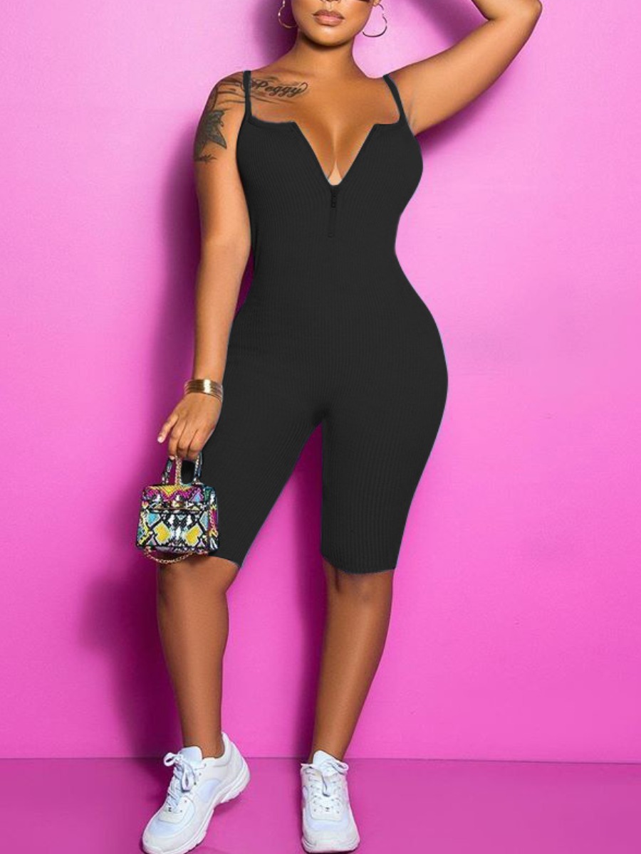 

lovely Sportswear Spaghetti Strap Skinny Black One-piece Romper