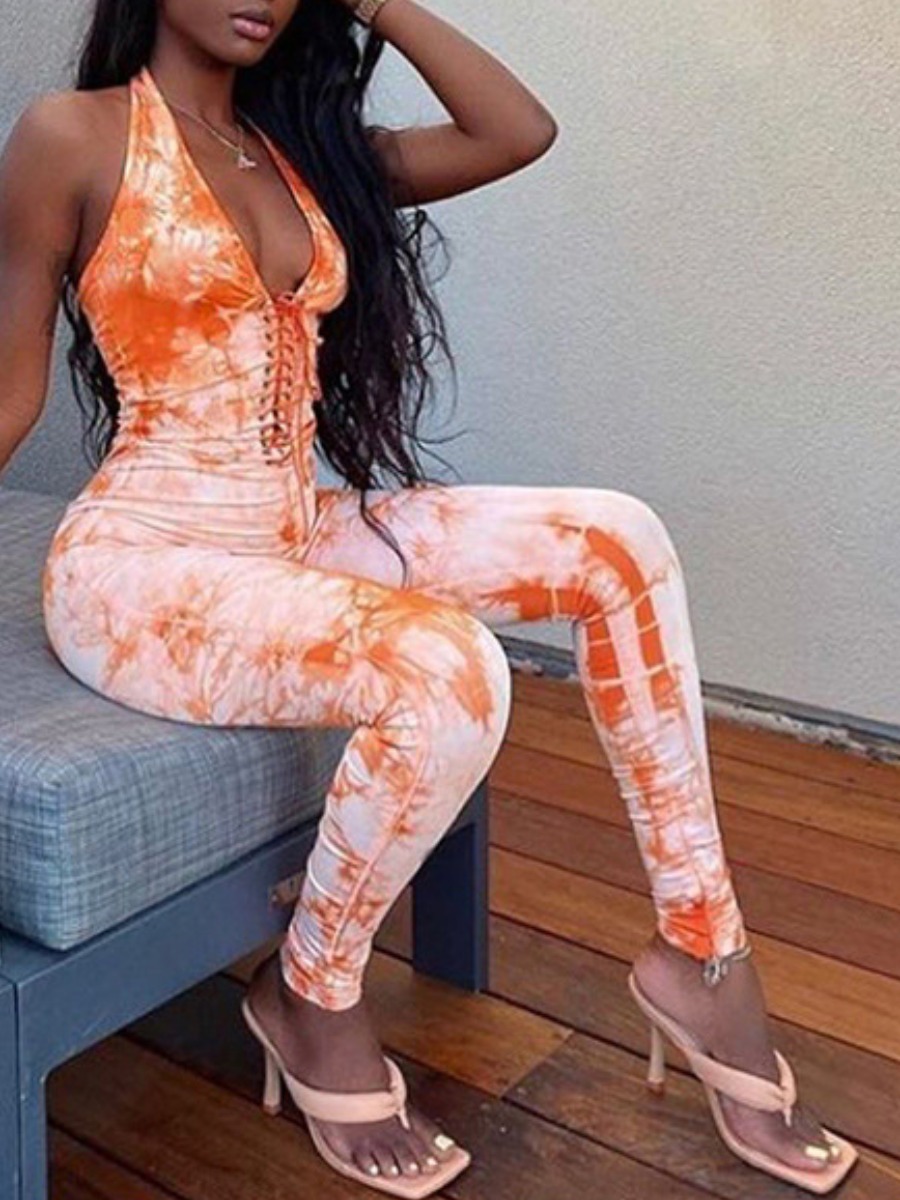 

lovely Trendy V Neck Tie-dye Orange One-piece Jumpsuit
