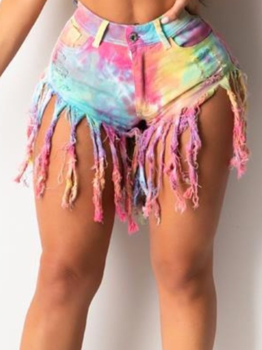 

lovely Casual Tassel Design Tie-dye Yellow Denim Shorts