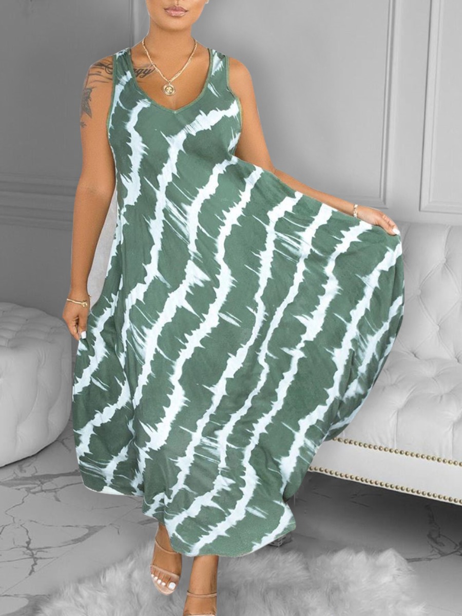 

lovely Trendy U Neck Tie-dye Light Green Ankle Length Dress