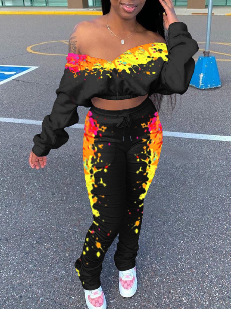 

Lovely Trendy Dew Shoulder Graffiti Print Yellow Two Piece Pants Set