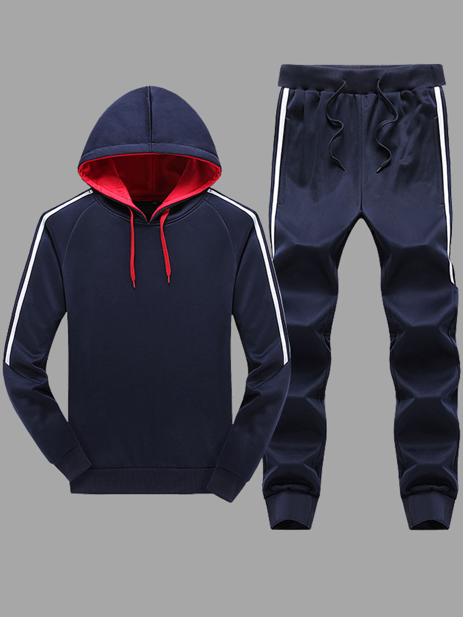 

lovely Sportswear Hooded Collar Patchwork Dark Blue Men Two-piece Pants Set