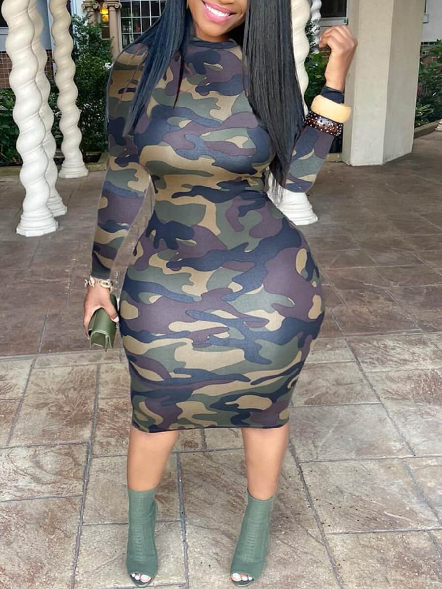 

LW Plus Size O Neck Camo Print Army Dress, Army green