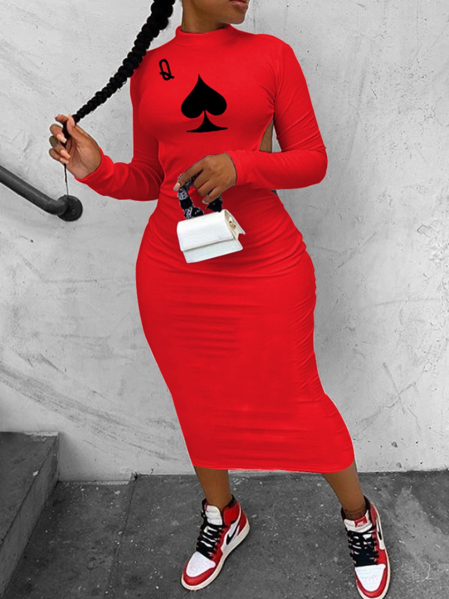 

lovely Casual Backless Print Red Mid Calf Dress