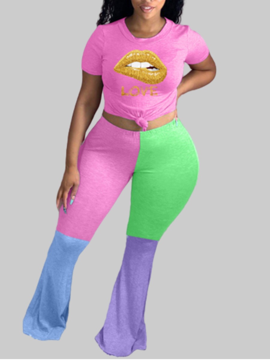 

Lovely Casual O Neck Lip Print Patchwork Green Plus Size Two-piece Pants Set