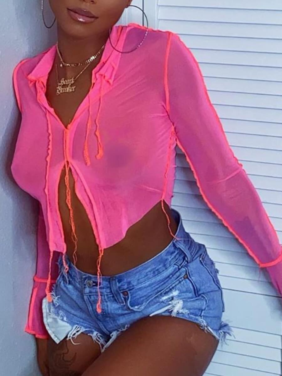 

Lovely Street See-through Rose Red T-shirt
