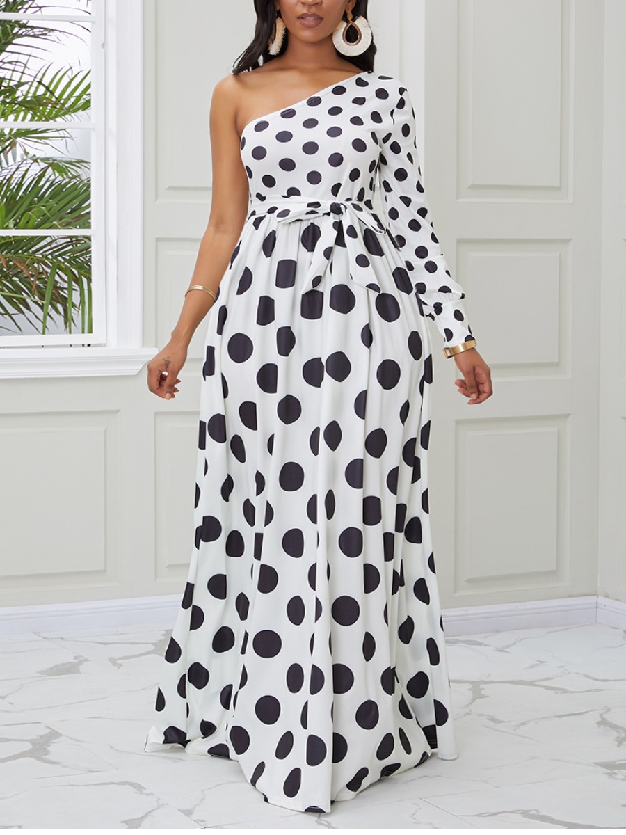 

lovely Trendy One Shoulder Dot Print White Maxi Dress