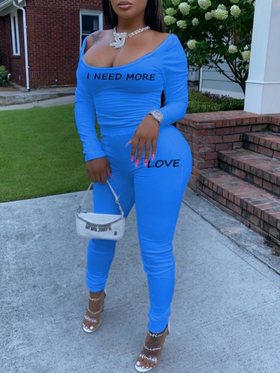 

Lovely Trendy U Neck Letter Print Blue Two Piece Pants Set
