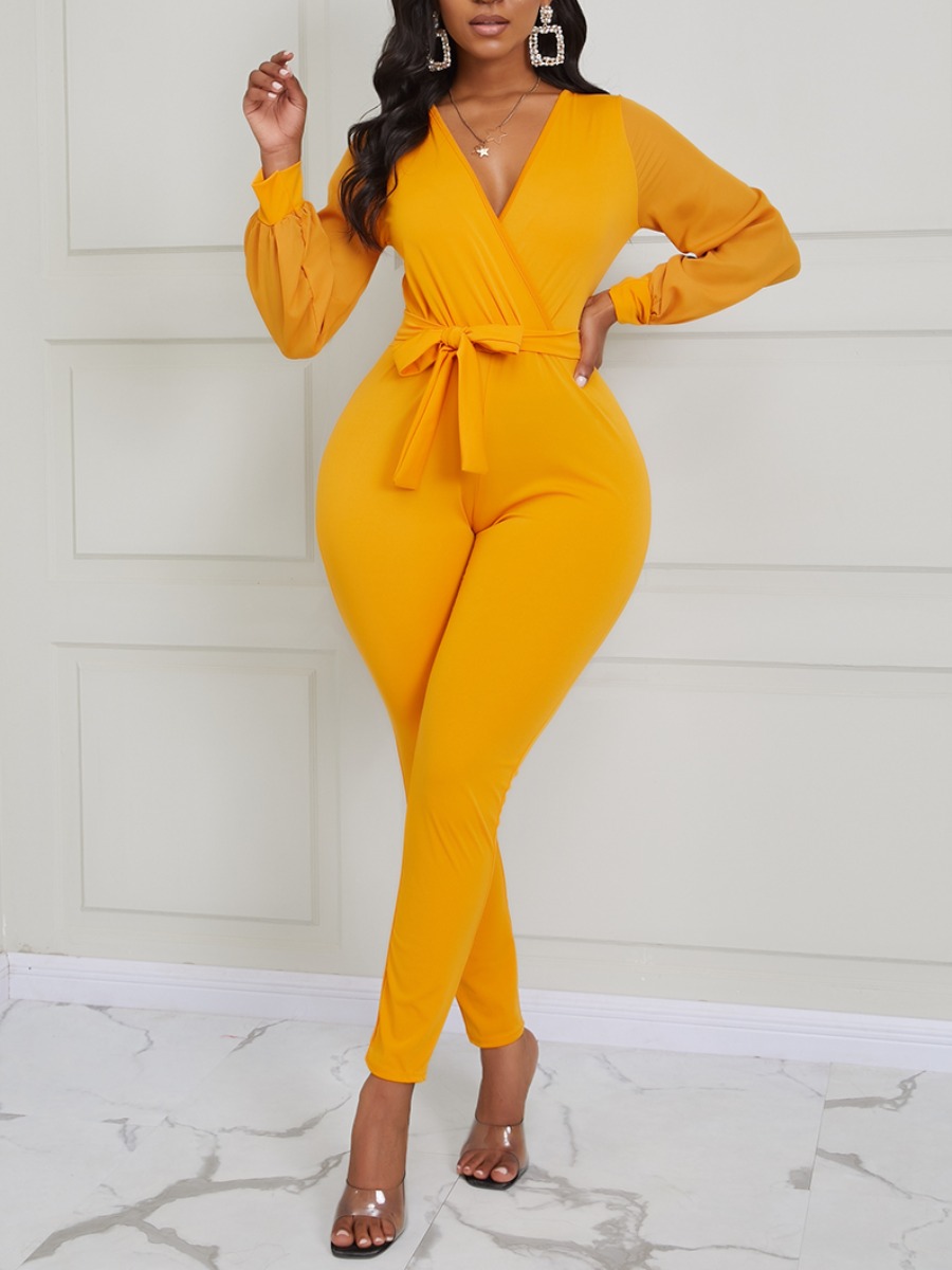 

lovely Sexy V Neck Lace-up Yellow One-piece Jumpsuit