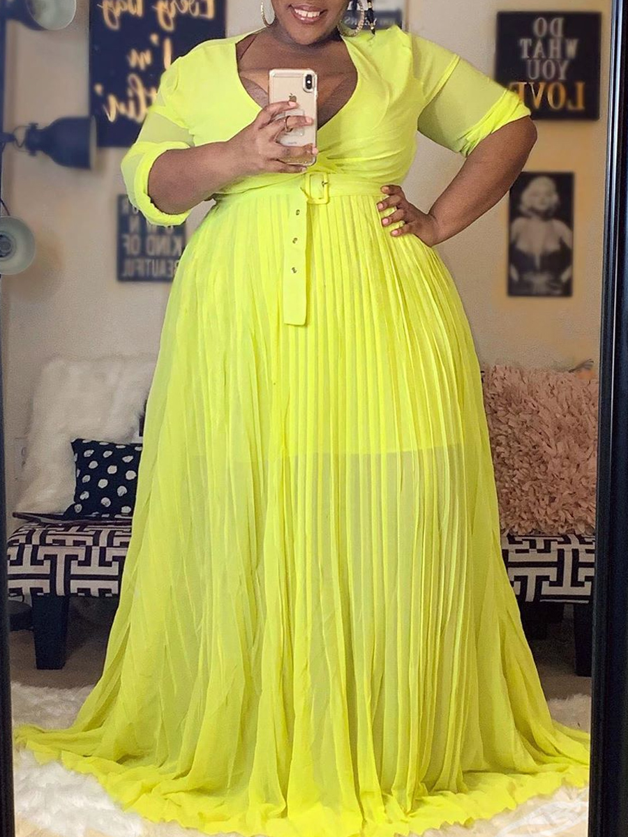 Lovely Plus Size Casual Ruffle Design Yellow Floor Length Dress