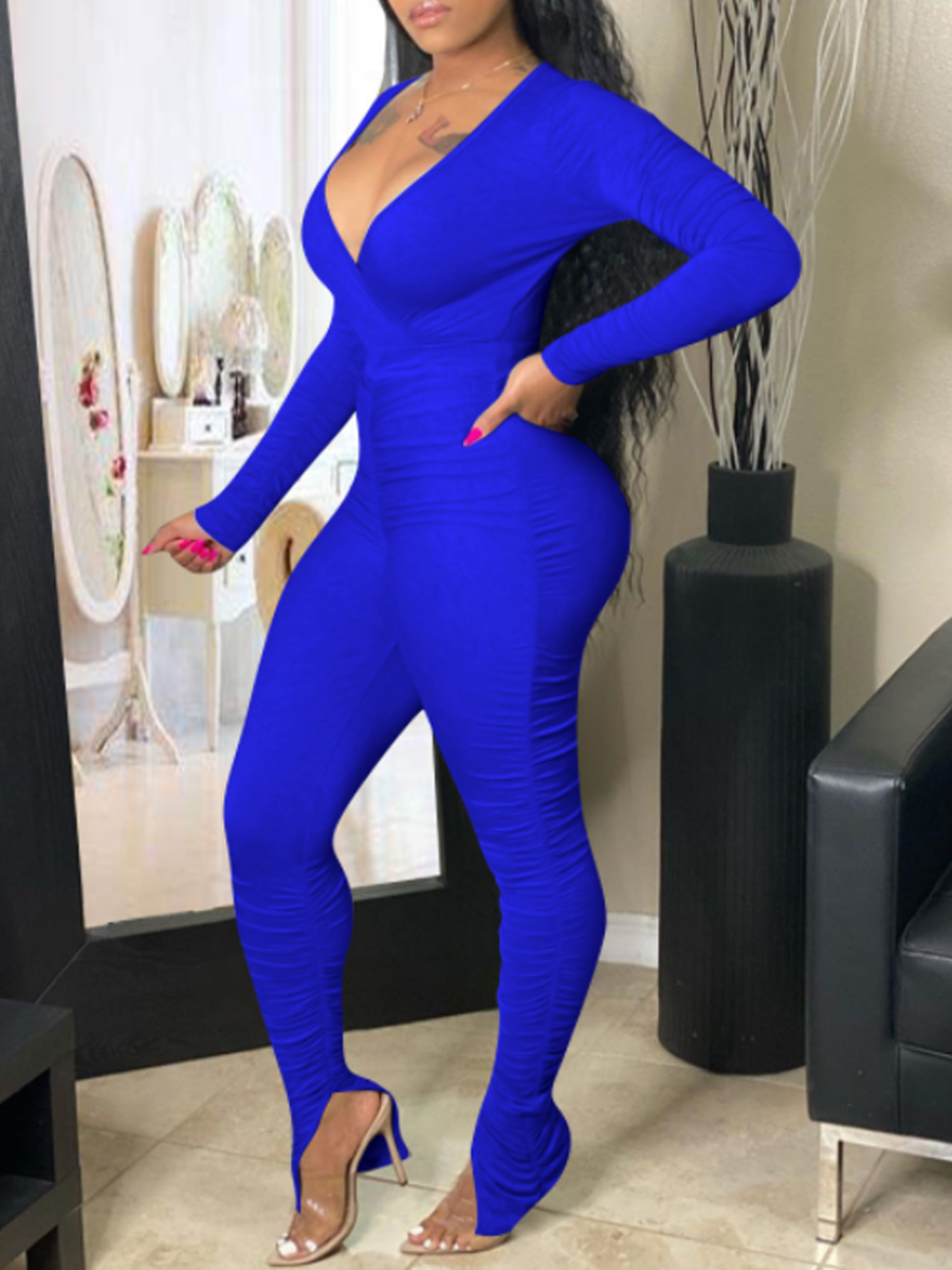 

Lovely Sexy Deep V Neck Skinny Blue One-piece Jumpsuit