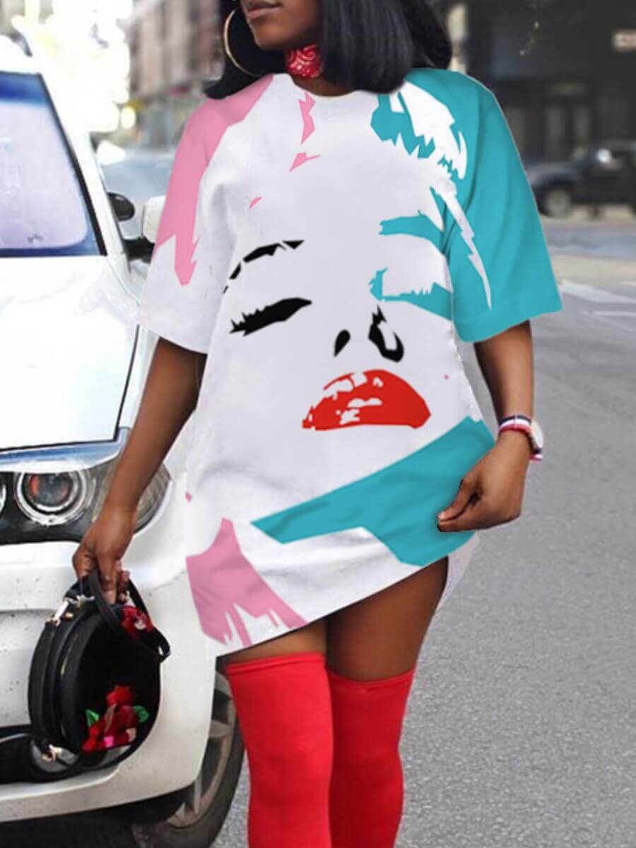 

Lovely Casual O Neck Print White Mini Dress