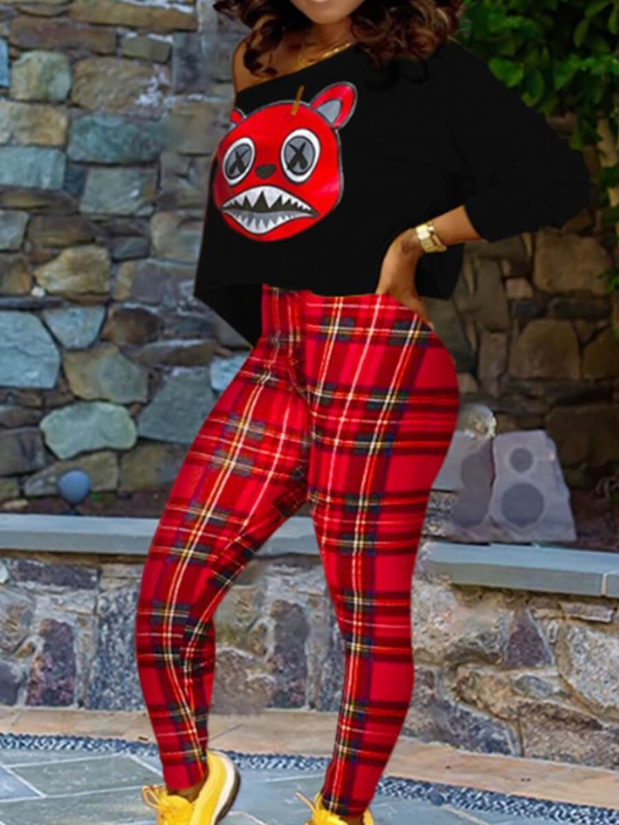 

Lovely Casual Cartoon Print Black Two Piece Pants Set