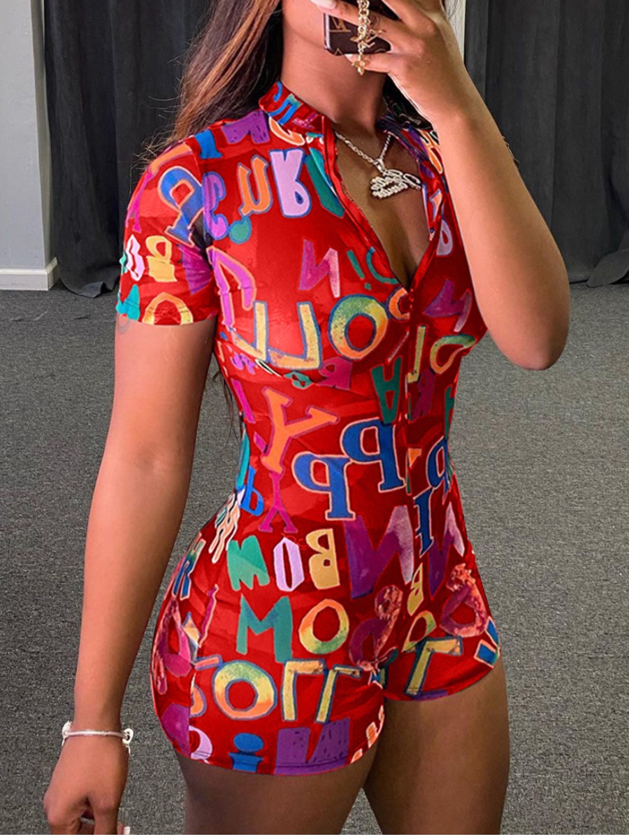 

lovely Sportswear Letter Print Zipper Design Red One-piece Romper