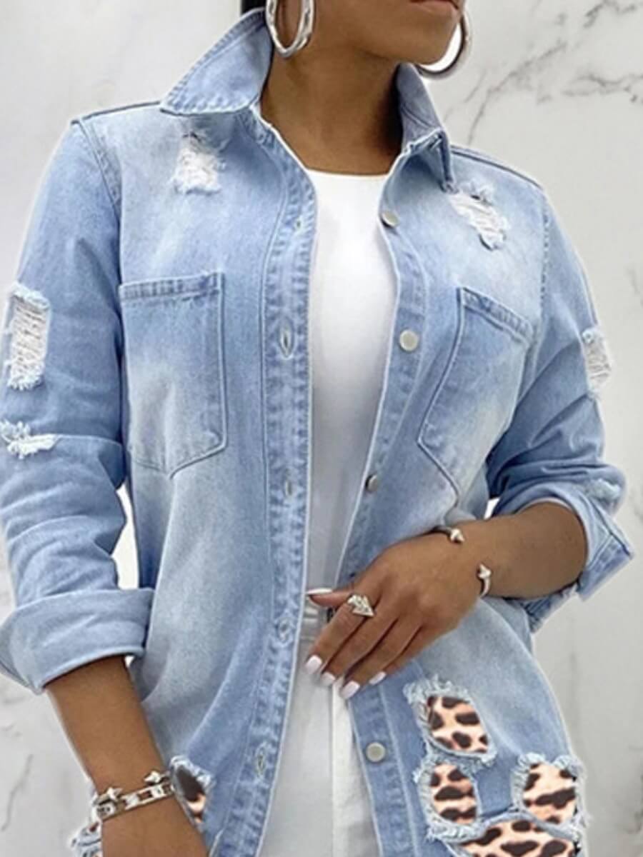 

Lovely Street Turndown Collar Broken Holes Baby Blue Denim Jacket