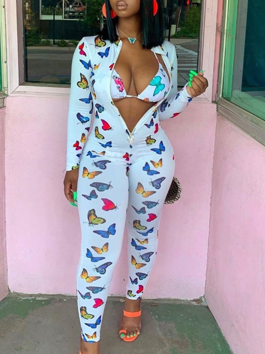 

lovely Trendy Butterfly Print White One-piece Jumpsuit