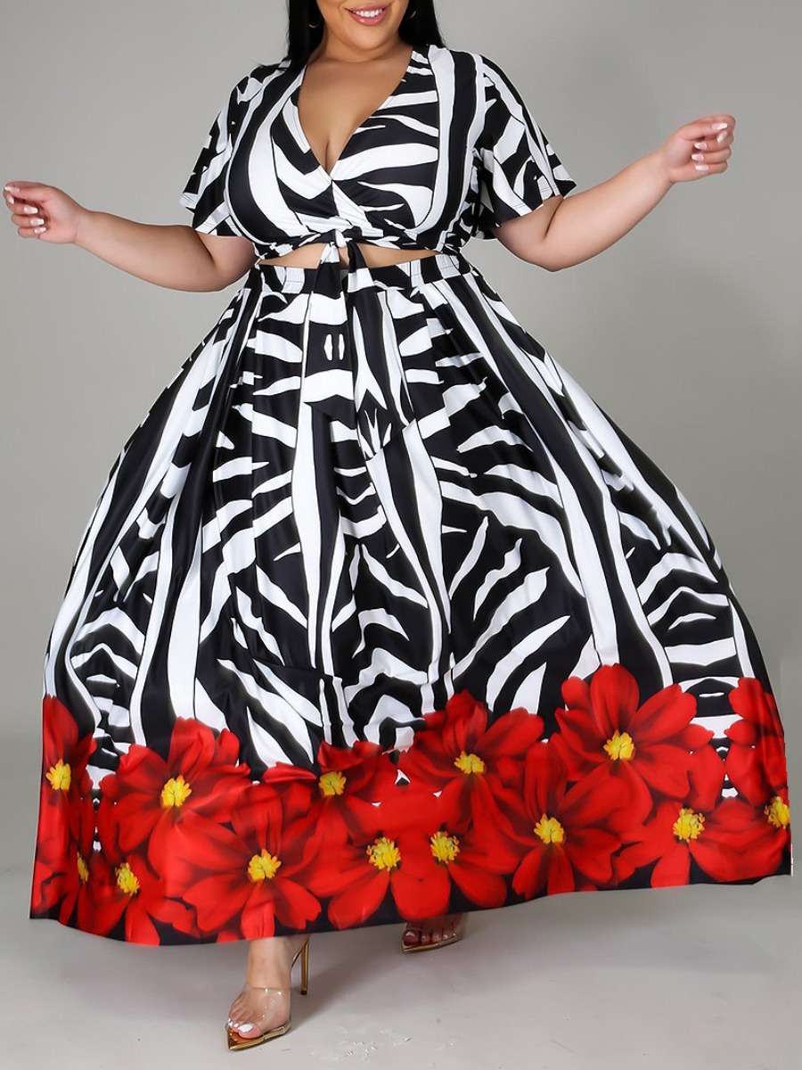 

lovely Trendy V Neck Print Black Plus Size Two-piece Skirt Set