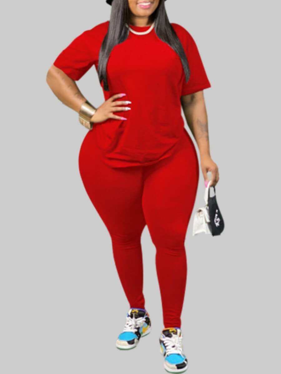 

LW Plus Size Casual O Neck Basic Red Two-piece Pants Set