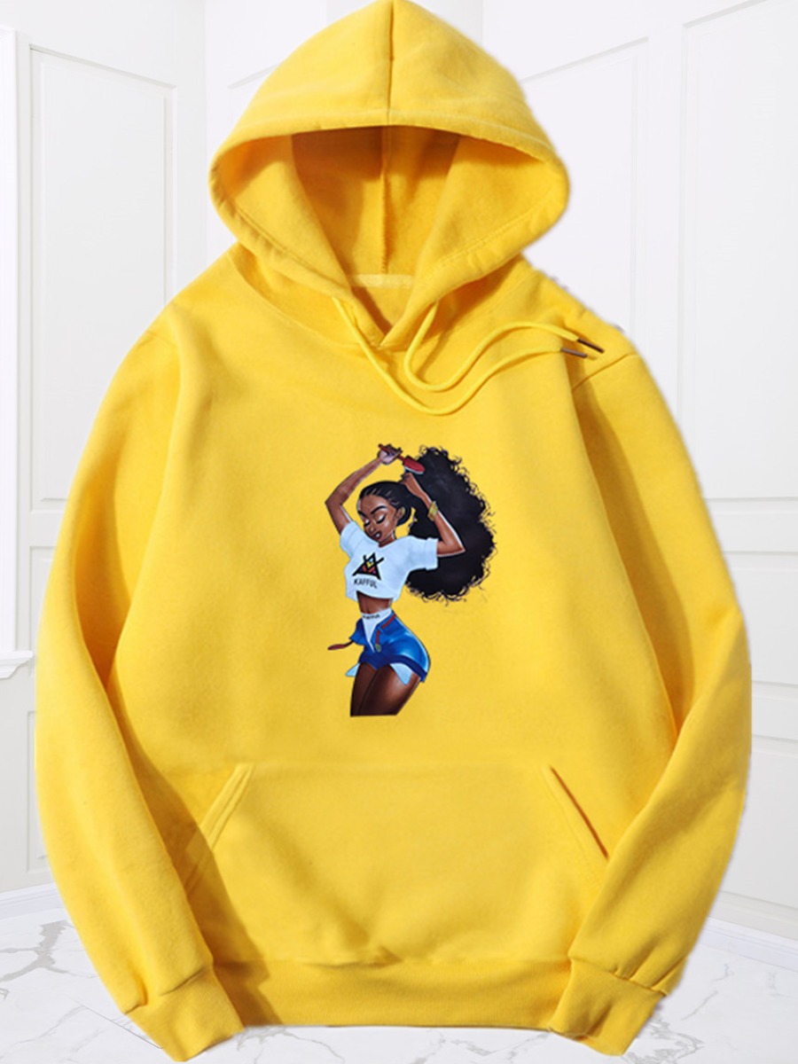 

lovely Street Hooded Collar Print Yellow Hoodie