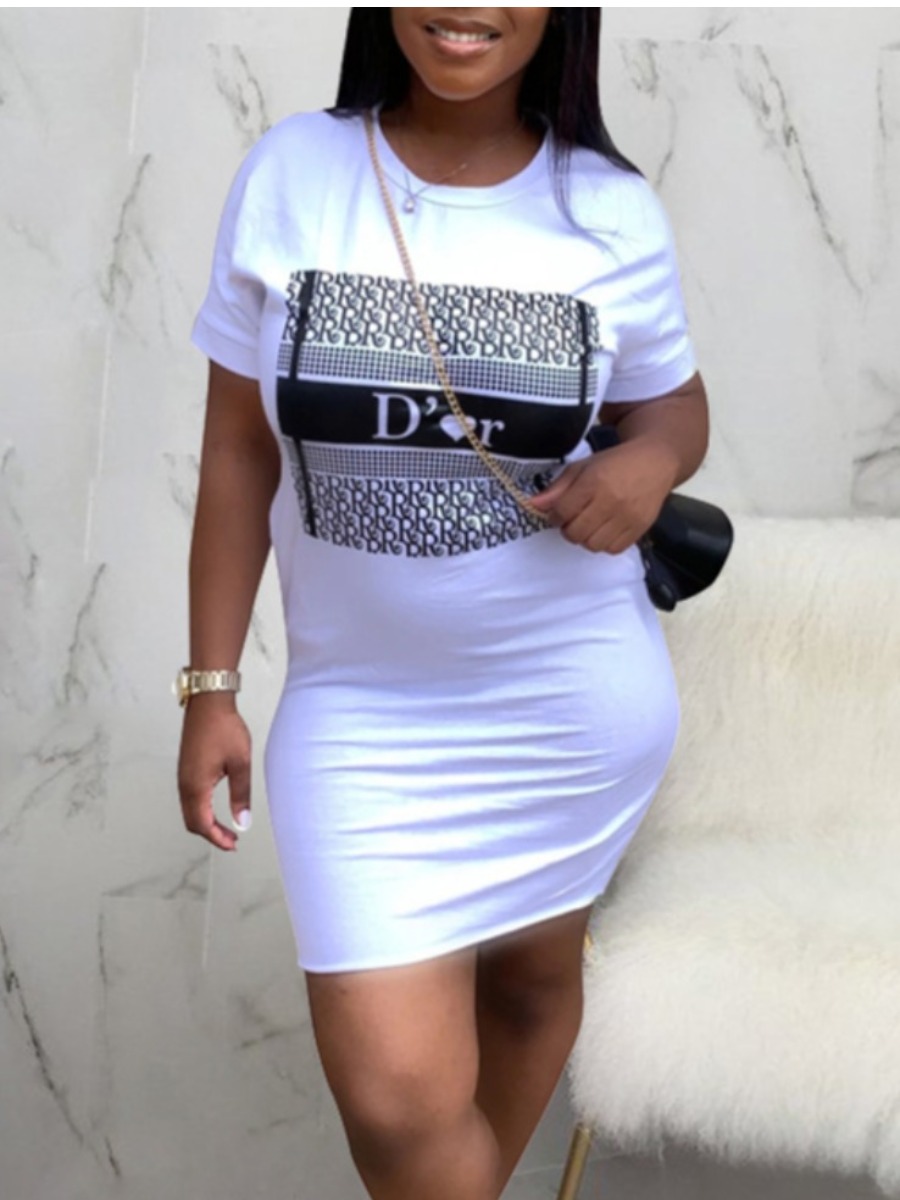 

lovely Casual O Neck Print White Mini Dress