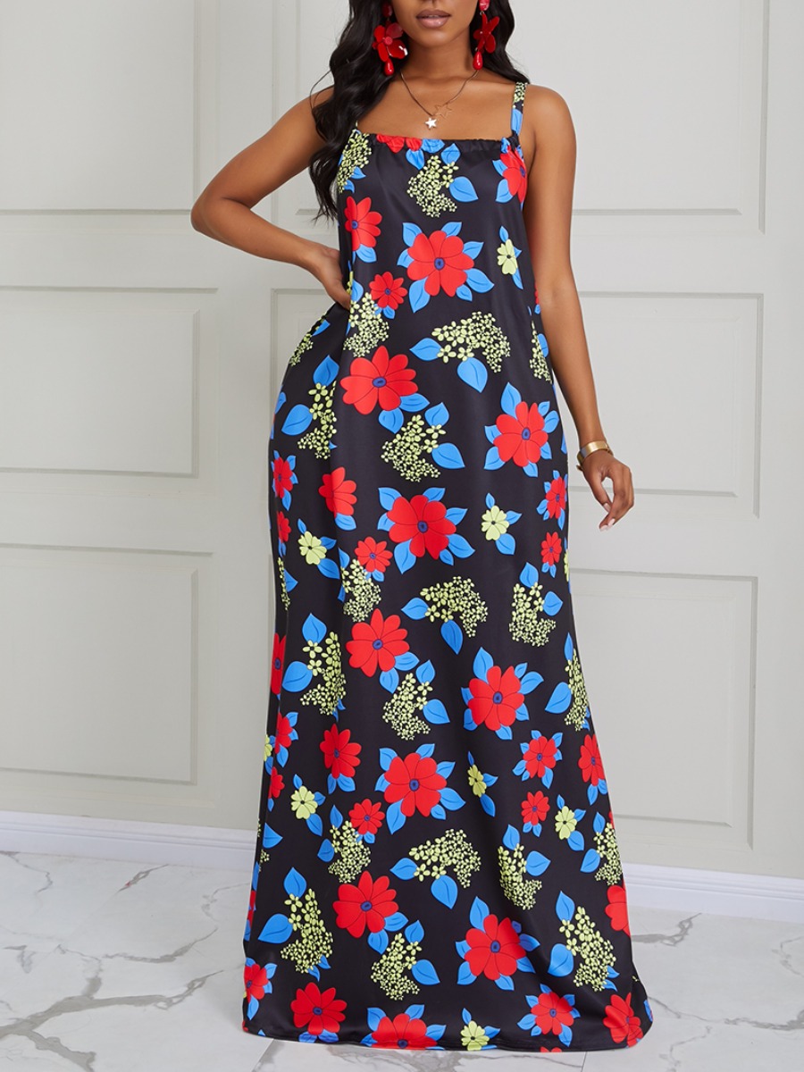 

lovely Trendy Spaghetti Strap Floral Print Dark Blue Maxi Dress, Navy blue