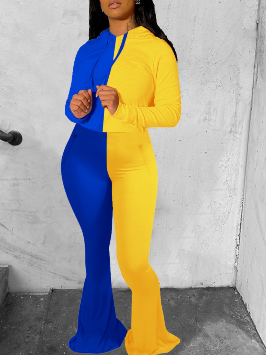 

lovely Sportswear Hooded Collar Patchwork Yellow Two Piece Pants Set