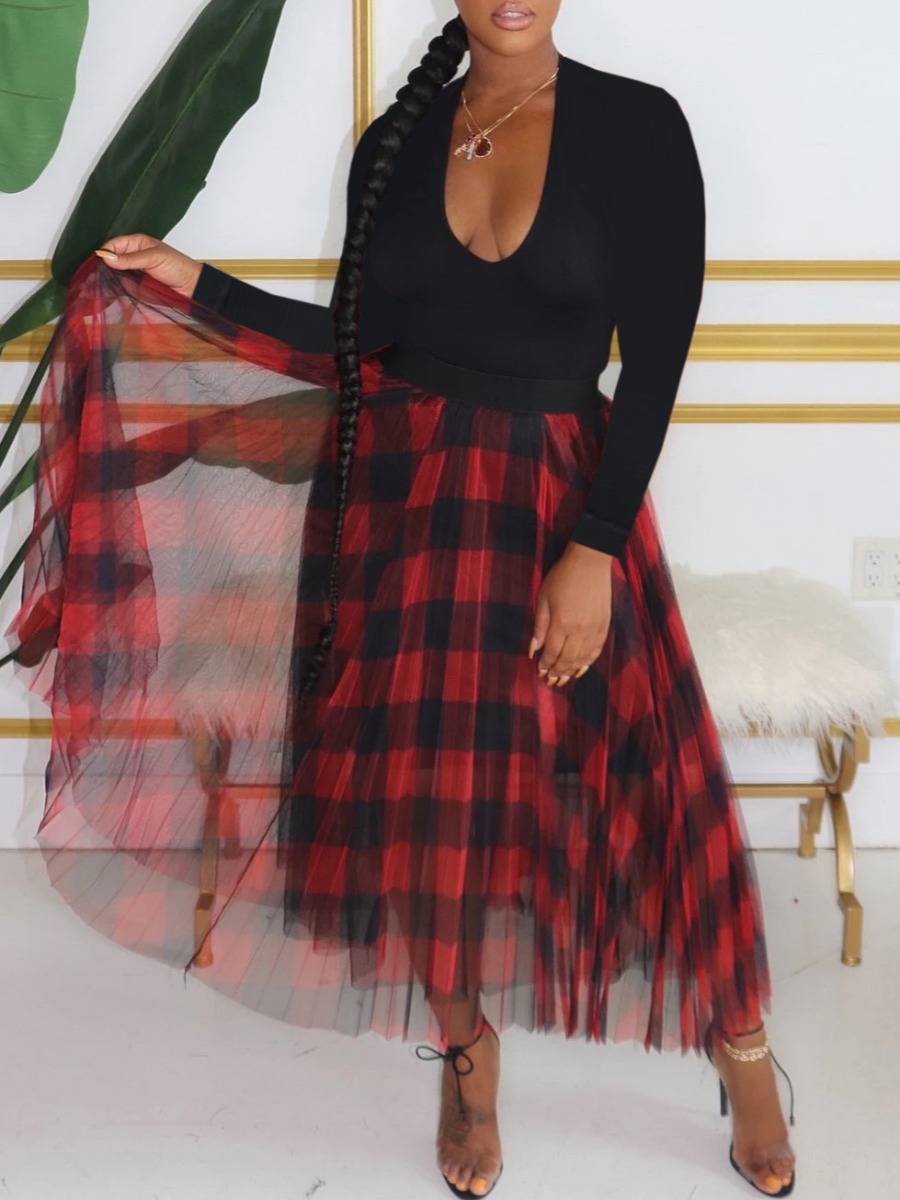 

lovely Stylish Grid Print Red Two Piece Skirt Set