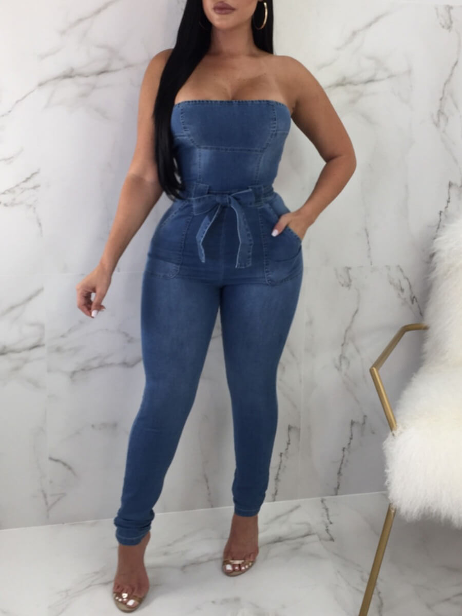 

Lovely Stylish Dew Shoulder Lace-up Blue Denim One-piece Jumpsuit