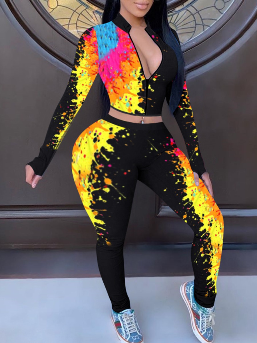 

lovely Stylish Graffiti Print Zipper Design Yellow Plus Size Two-piece Pants Set