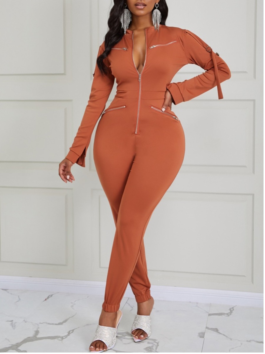 

lovely Stylish Zipper Design Brown One-piece Jumpsuit