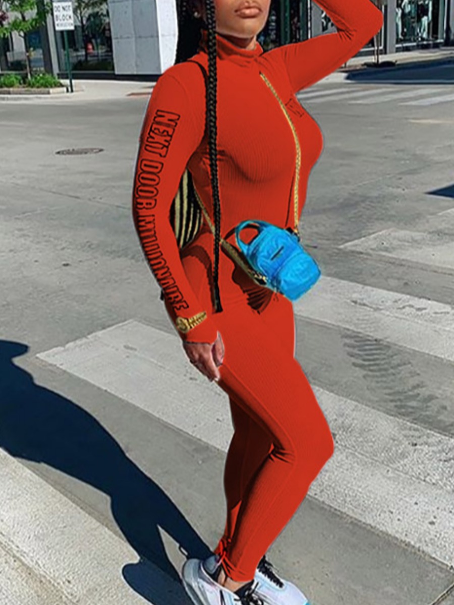 

lovely Sportswear Letter Print Red One-piece Jumpsuit