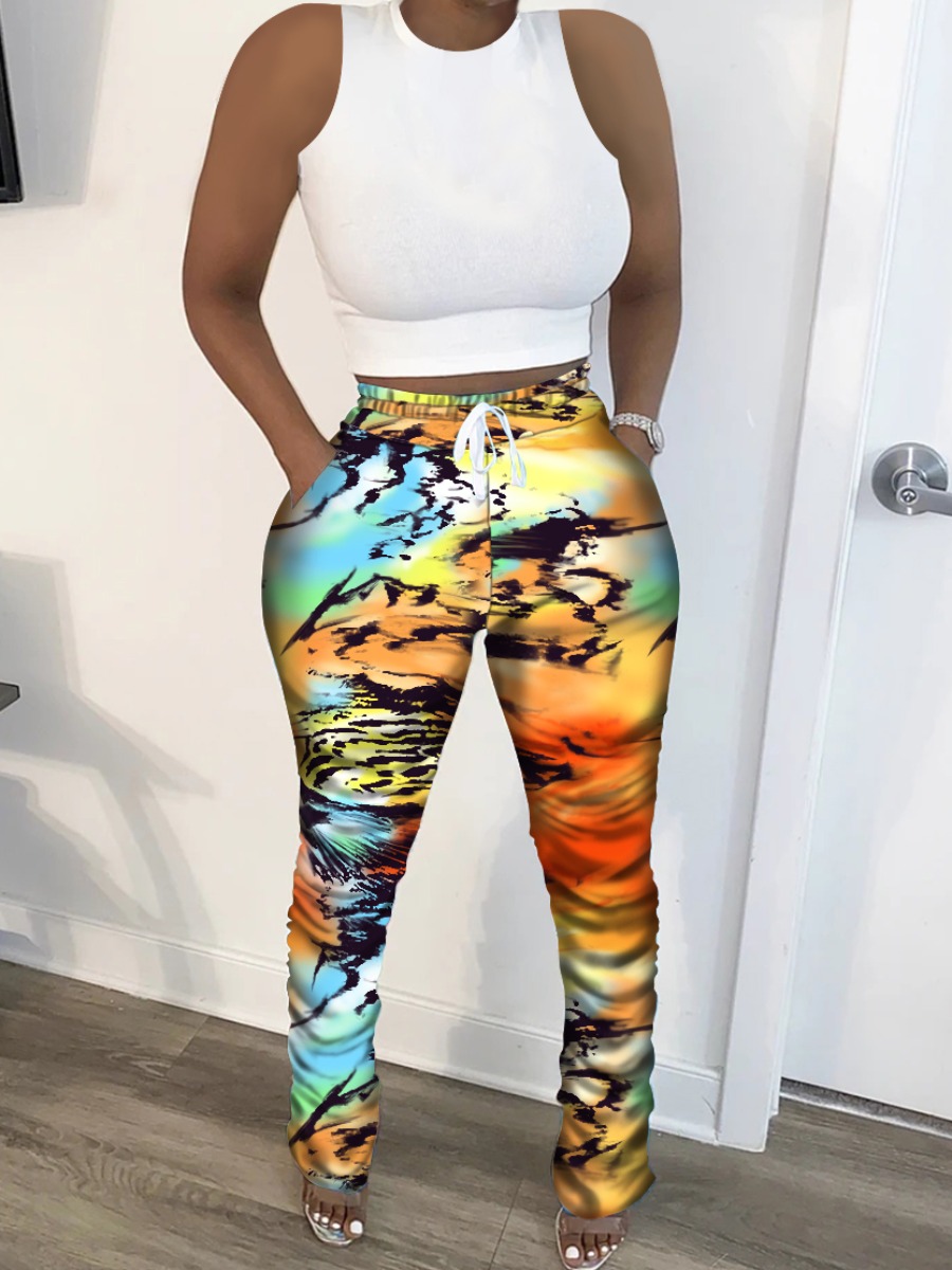 

Lovely Sportswear Sleeveless Print Multicolor Two Piece Pants Set, Multi